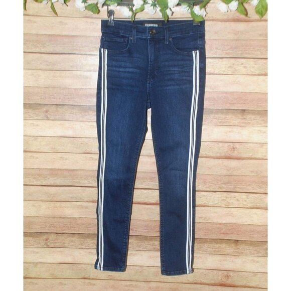 Express Ankle High Rise Denim Perfect Metallic Side Stripe Skinny Jean Womens 6 - Picture 1 of 13